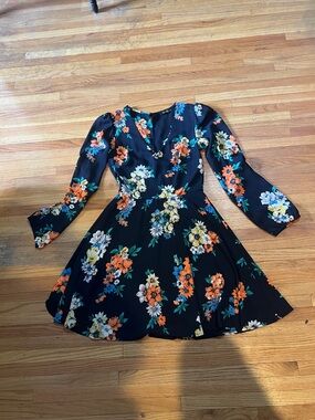dee elle Black Dress with Orange and Teal Floral Accents